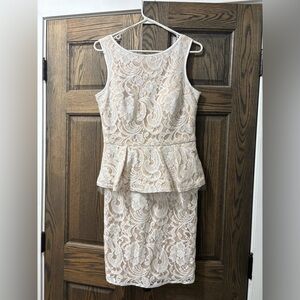Night Way Collections Ivory Lace Peplum Midi Dress with Nude Lining
